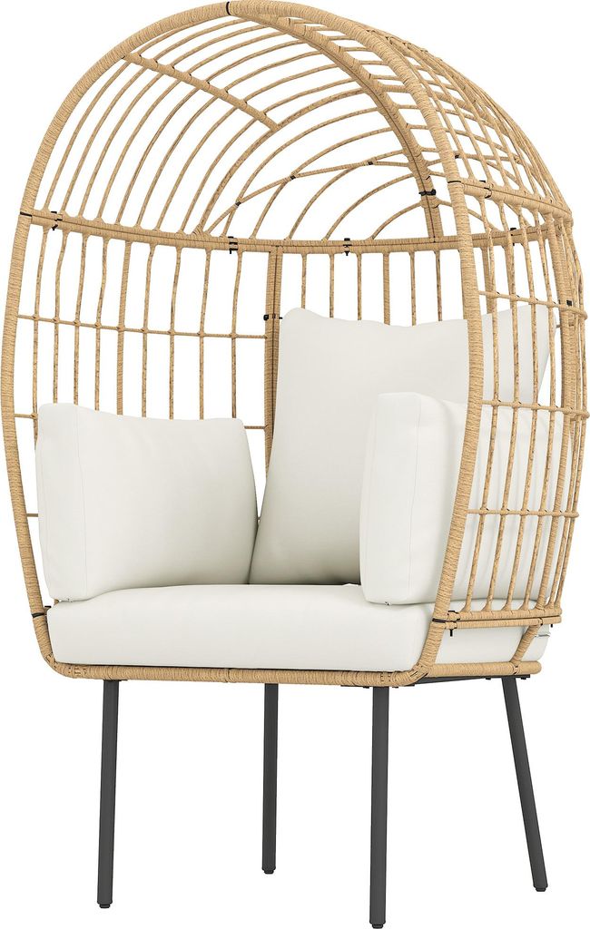 Rattansessel Ei-Förmig mit abnehmbarem Kissen, Polster, Outdoor Sessel aus Rattan 95 x 80 x 155 cm Beige