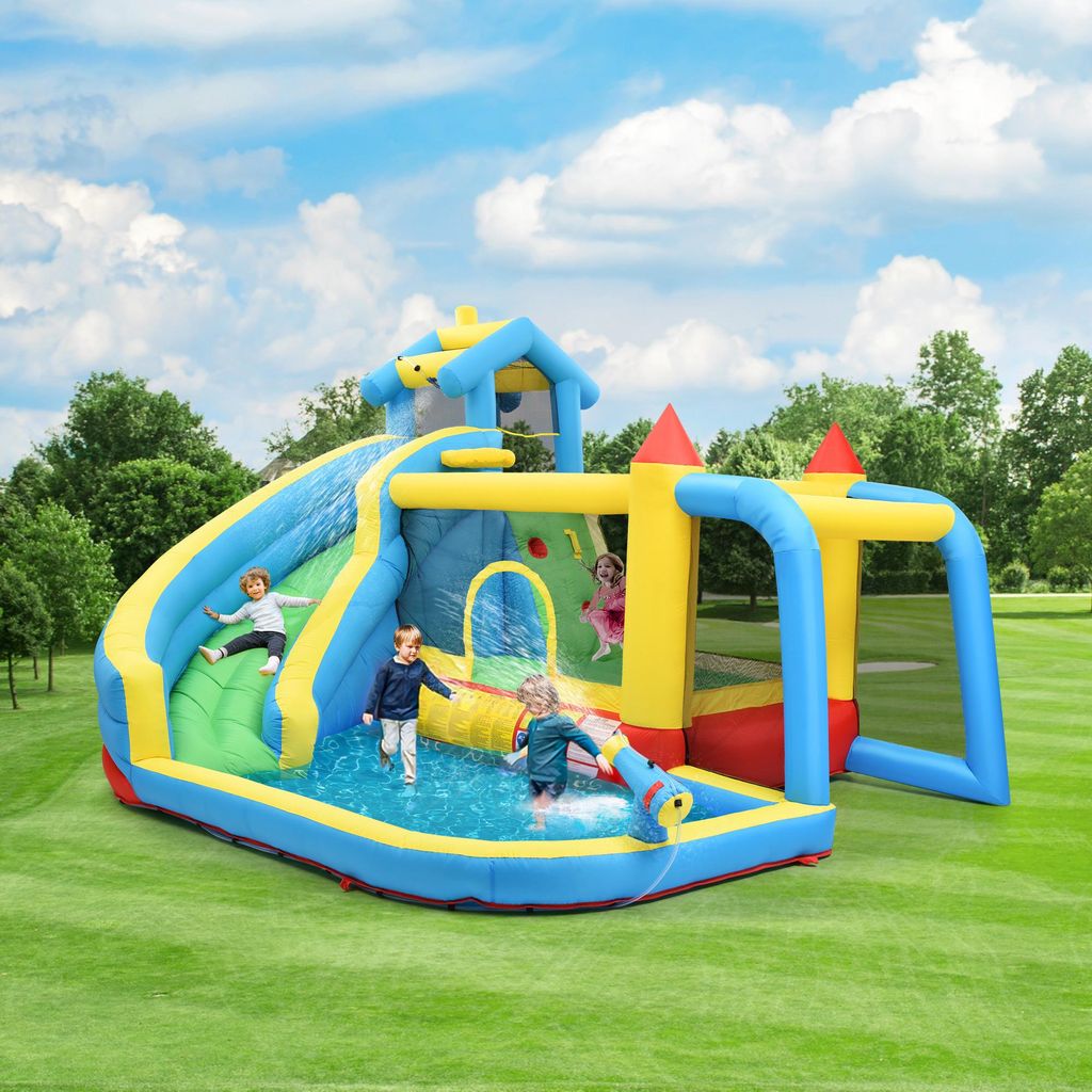 5 in 1 Wasserrutsche für von 3-10 Jahren,Outdoor-Freizeitausrüstung, Castle mit Rutsche Sprungbereich Wasserpool Fußballnetz, 364*315*239cm