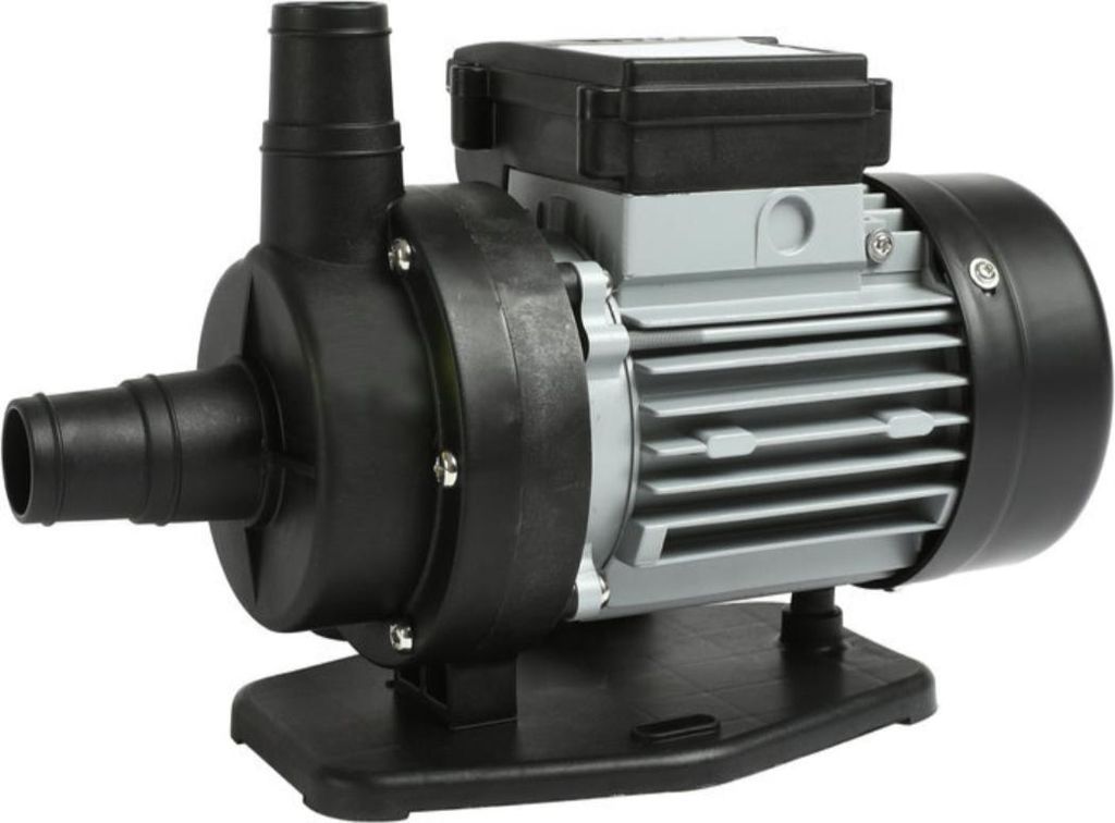 A black and gray electric pump with ribbed hoses on a white background.