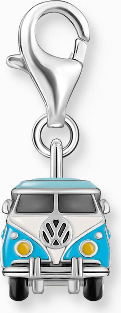 A silver charm in the shape of a blue and white Volkswagen van.
