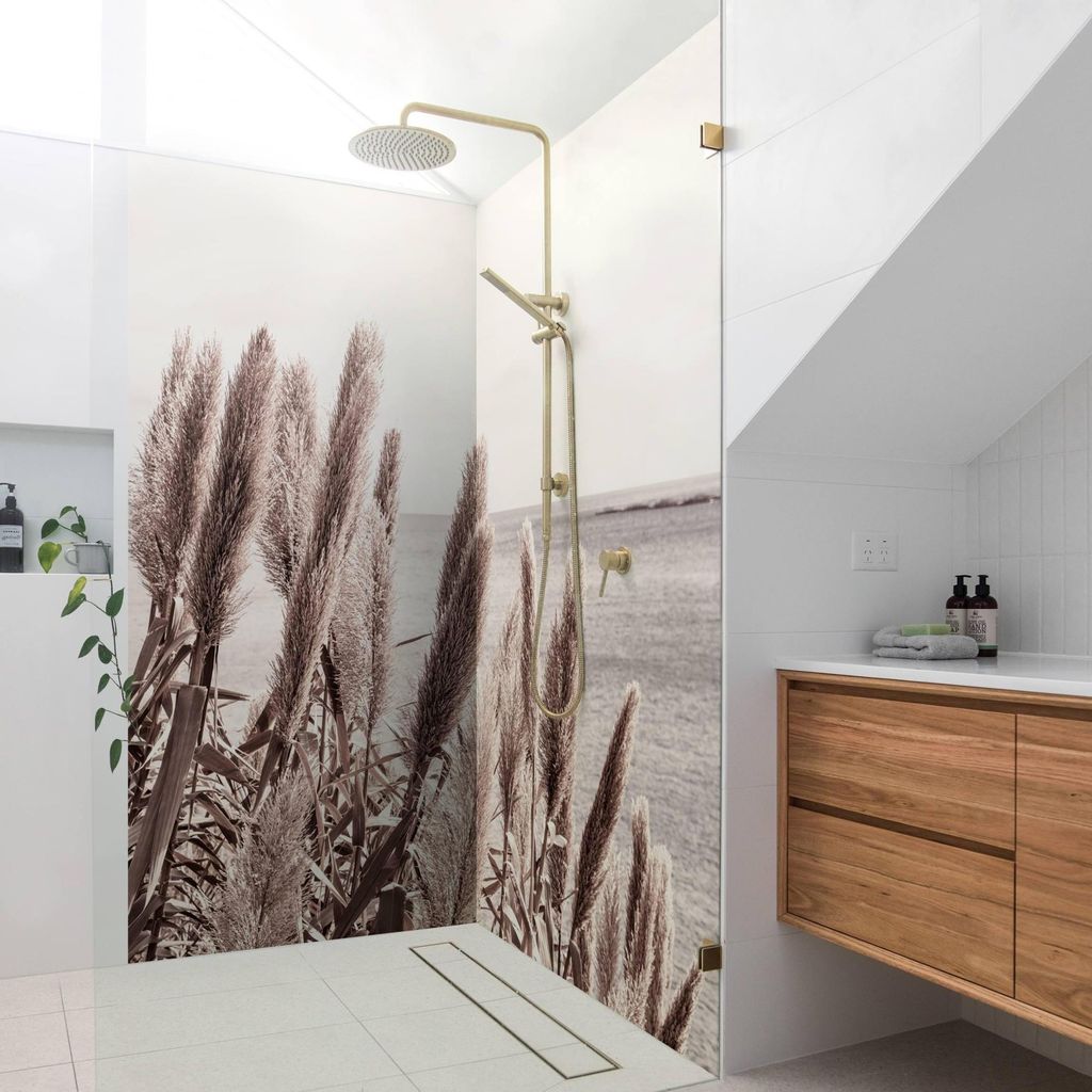 Duschrückwand mit Motiv selbstklebend - 0.35 mm Wandpaneel wasserfest Gräser beige Landhaus Badrückwand fugenlos Smart matt 100x210 cm