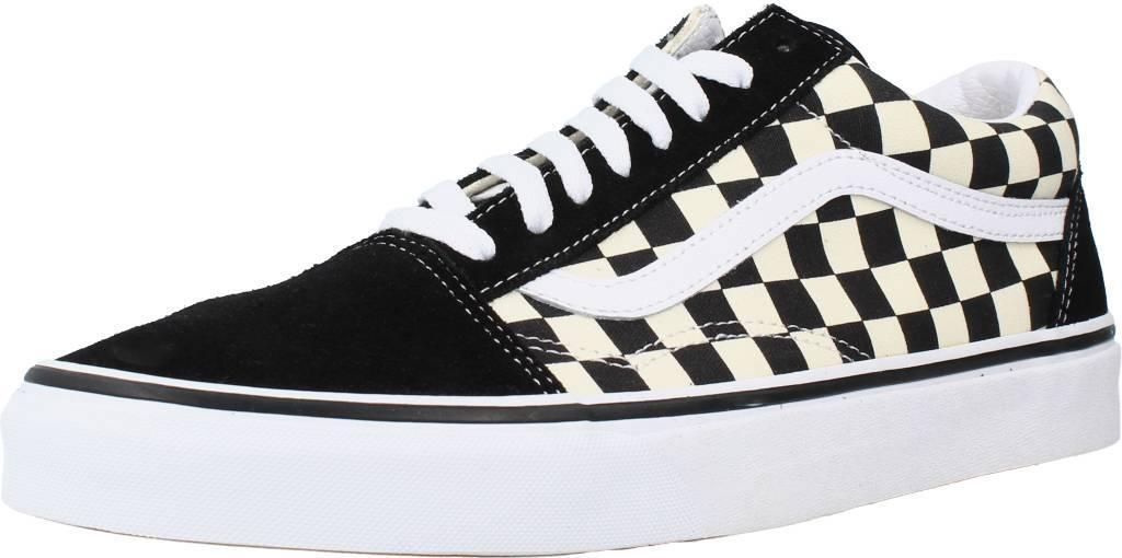 A single Vans Old Skool sneaker with a black suede toe and heel, and a black and white checkerboard pattern on the side panel.