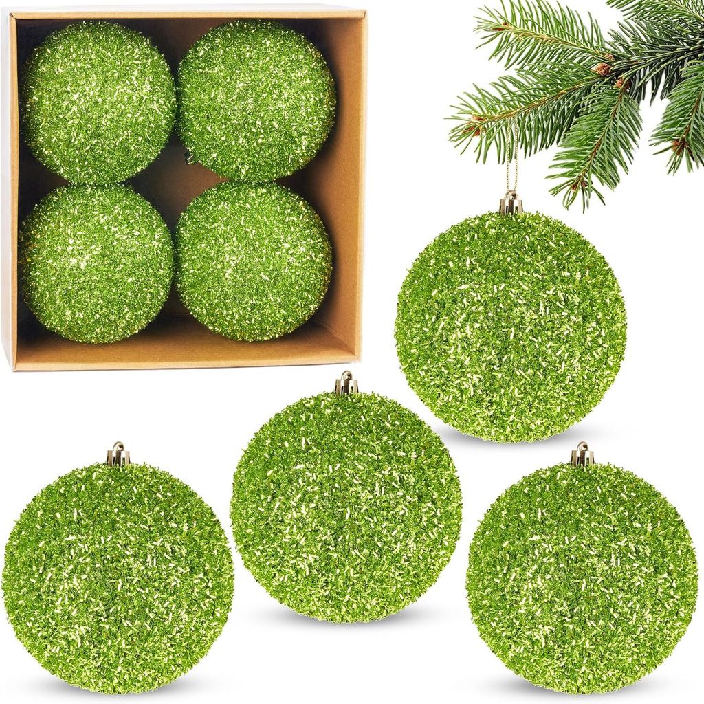 BRUBAKER Glitzer Weihnachtskugeln - 4er Set große Glitter Baumkugeln - 10 cm Christbaumkugeln Bruchsicher - Kunststoff Christbaumschmuck, Grün