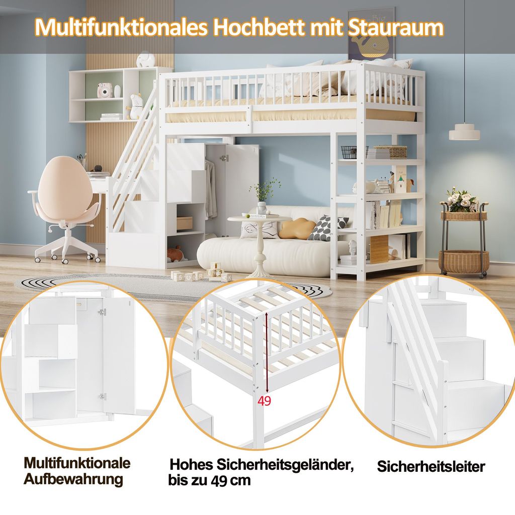 okwish Hochbett 90x200cm mit Stauraumleiter, Wei