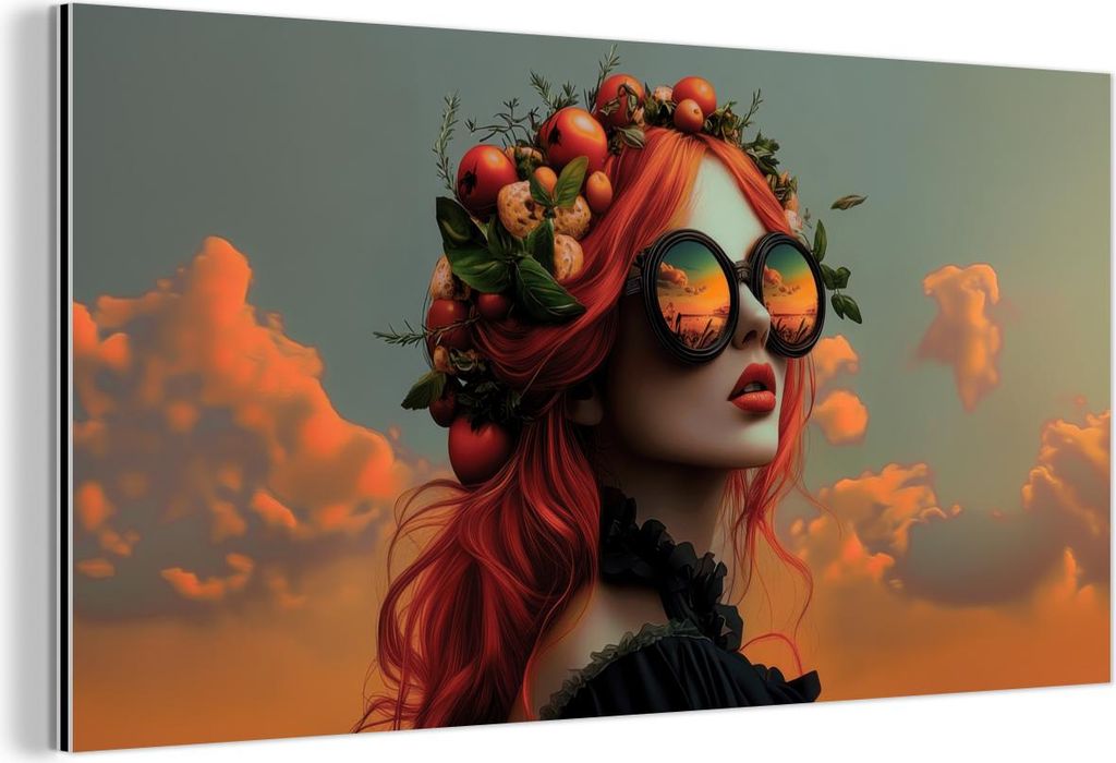 MuchoWow Wanddekoration Metall Metallbild Wandkunst 120x60 cm Frau - Krone - Tomate - Bascilicum - Sonnenbrille MuchoWow Aluminium Gemälde - Metal...