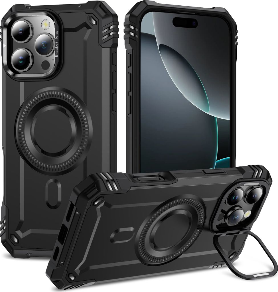 Magnetisch Hülle für iPhone 16 Pro Max, Heavy Duty Militärischer Stoßfest Handyhülle Kamera-Ringständer Schwarz
