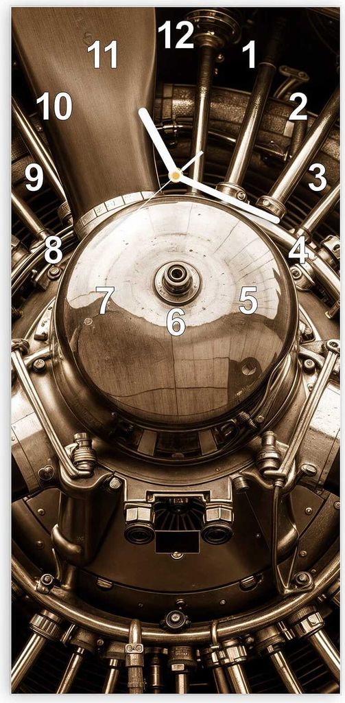 Wanduhr aus Glas mit Motiv Flugzeugmotor- 30 x 60 cm - inkl. Aufhängesystem