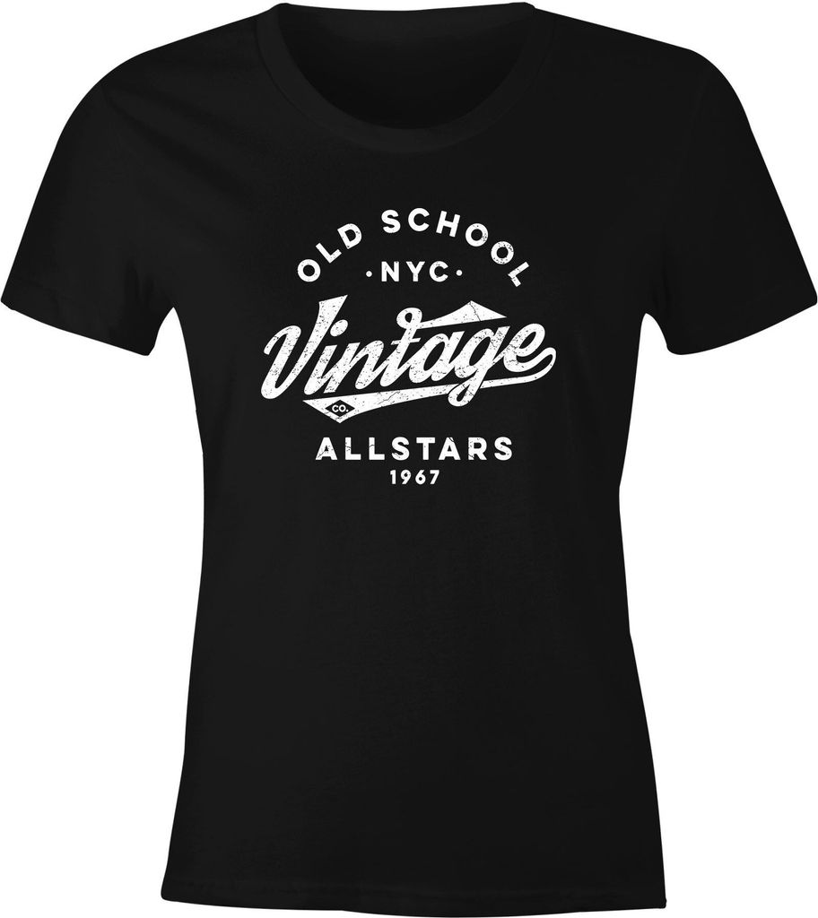 Damen T-Shirt College Style Schriftzug Oldschool Vintage Allstars Fashion Streetstyle Slim Fit Neverless schwarz XS