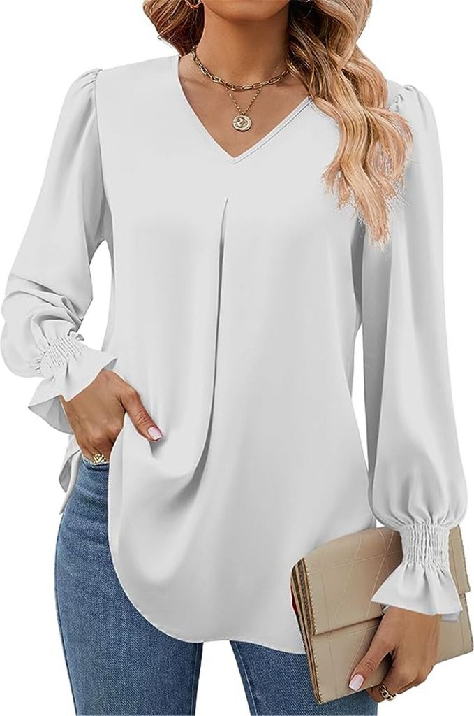 ASKSA Damen Bluse V-Ausschnitt Chiffon Plissee Laternenaermel Langarm Elegant Einfarbig Casual Locker Oberteile (Weiss,XXL)