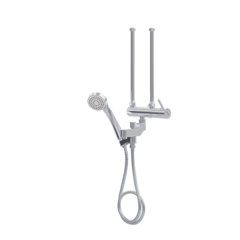 A chrome-plated shower faucet with a handheld showerhead is shown against a white background.