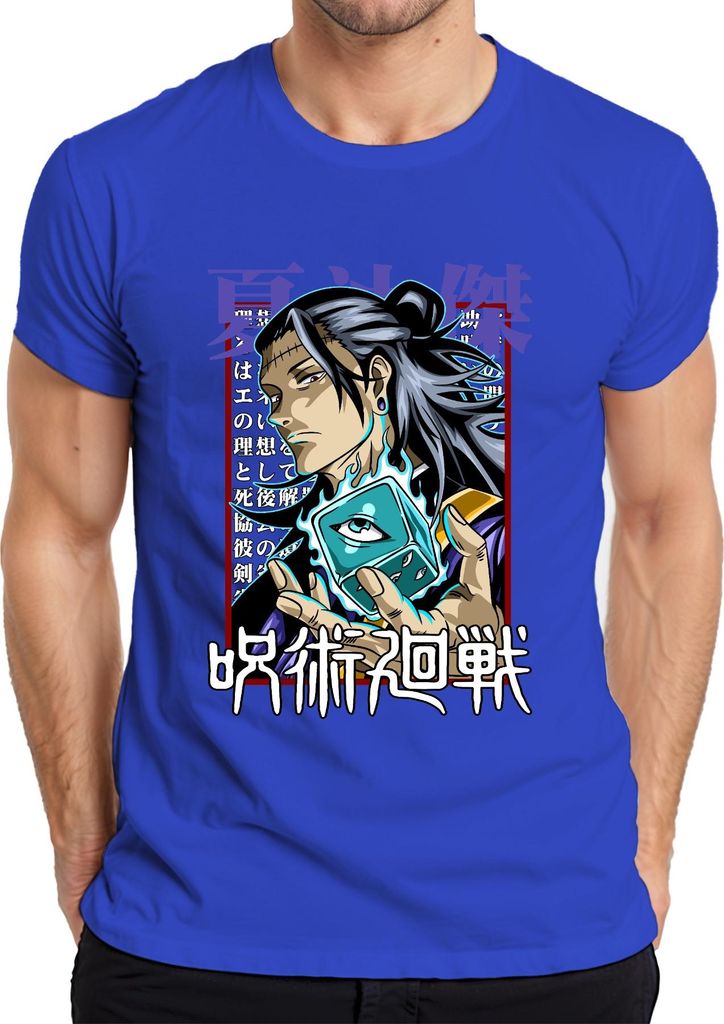 Jujutsu Kaisen Anime Manga Auge Würfel Flamme düster Geschenk Herren T-Shirt, Blau, L