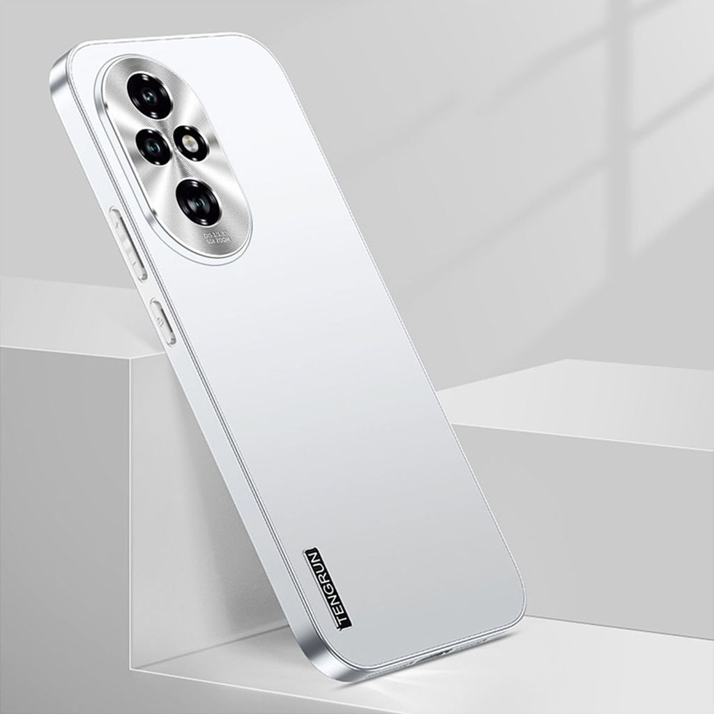 A white smartphone case with a silver metallic finish is displayed at an angle, leaning against two white blocks.