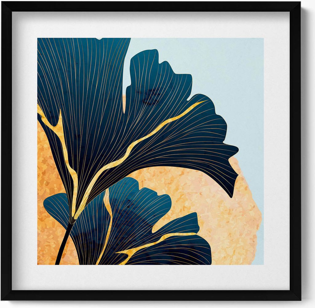 Illustration von Ginkgoblättern mit goldener Sonne– Wandbild mit Rahmen – Gerahmtes Bild – Wanddekoration – 50x50 cm – Schwarz Rahmen