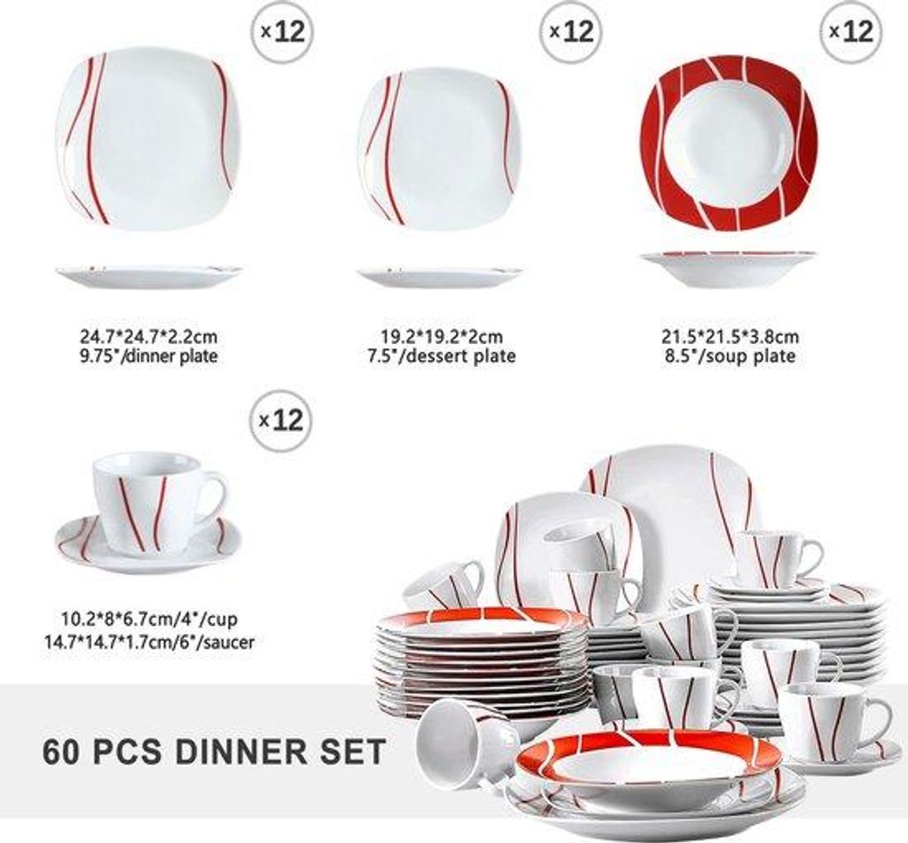 Serviesset aus Porselein - 60-teilig - Weiß - Moderne Design - Gesund & Umweltfreundlich