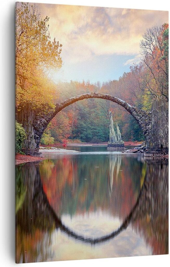 Bild auf Leinwand - Leinwandbild - Einteilig - Garten Rhododendren Brücke - 80x120cm - Wand Bild - Wanddeko - Wandbilder - Leinwanddruck - Wanddek...