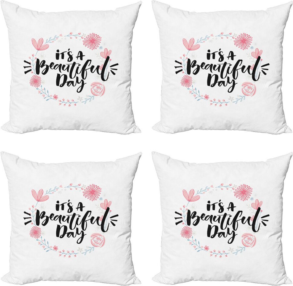 ABAKUHAUS Sprichwort Kissenbezug Set (4 Stück), BlumenWreath Moderne Text, Moderner Doppelseitiger Digitaldruck, 45 cm x 45 cm, Pale Pink Blau Sch...