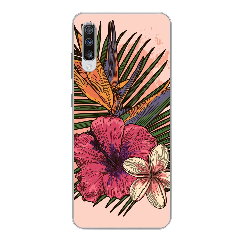 MuchoWow Handyhülle Schutzhülle Hülle für Samsung Galaxy A70 Blumen - Tropisch - Rosa Silikon Softcase Handy Hülle - Schutzhaube