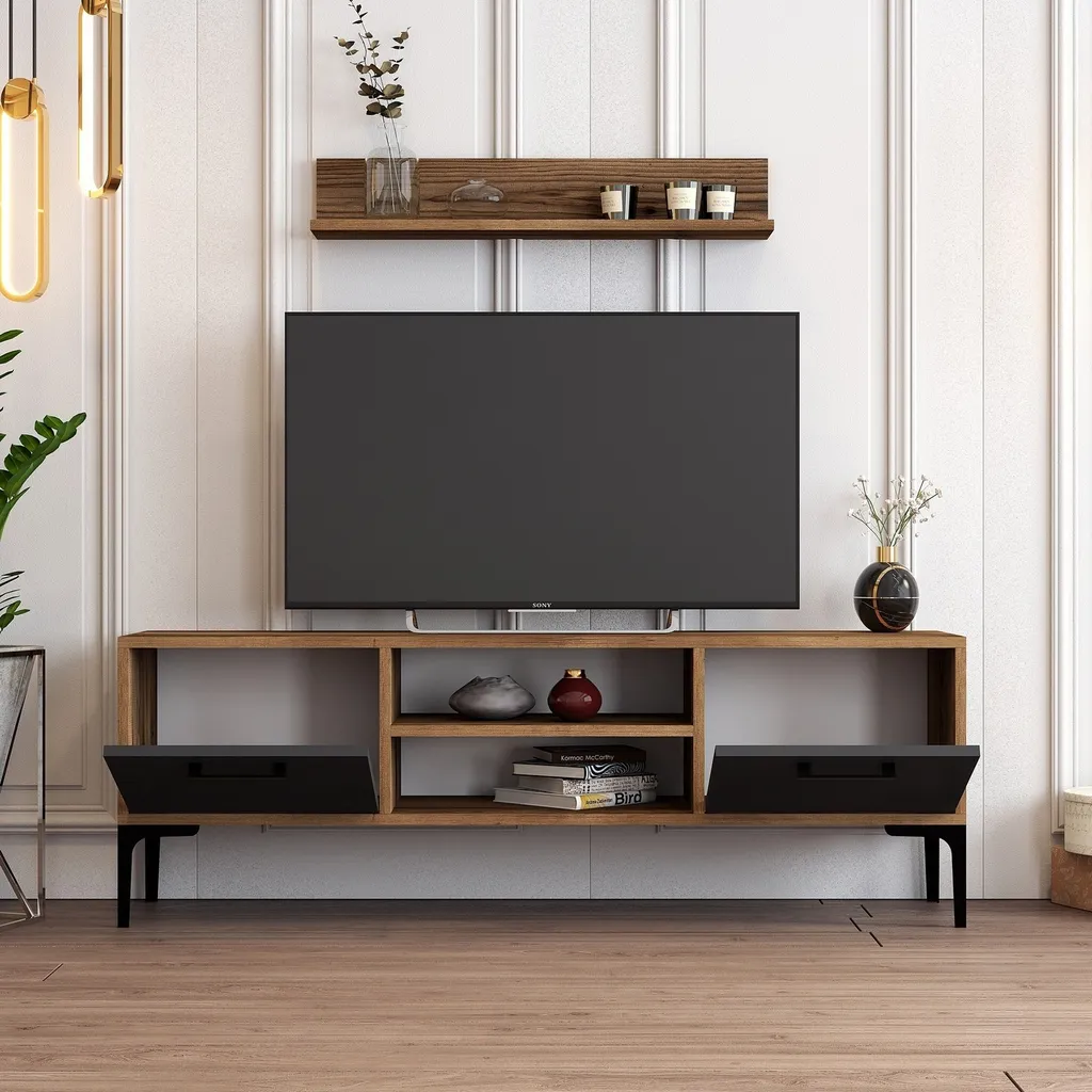 Meuble TV Skye Decor Riga Anthracite et Noyer, Armoire Salon 140x48x30cm