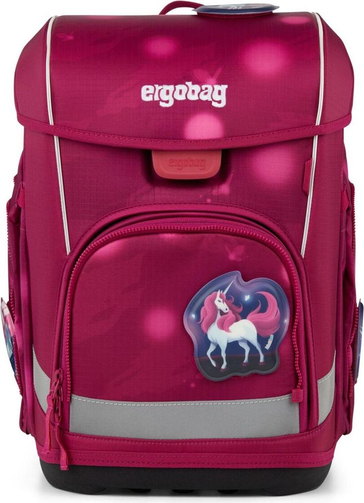 A pink Ergobag cubo light backpack with a unicorn design.