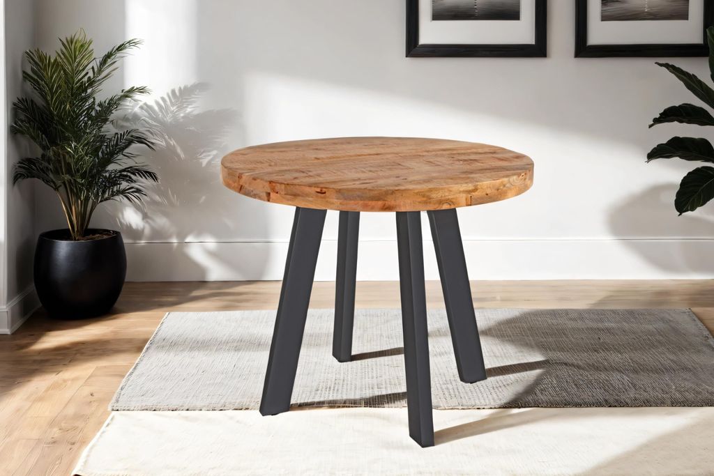 Runder Esszimmertisch 140 cm Adelina, Mangoholz massiv & naturfarben, Esstisch im Used-Look, 4-Fuß-Gestell aus Metall schwarz