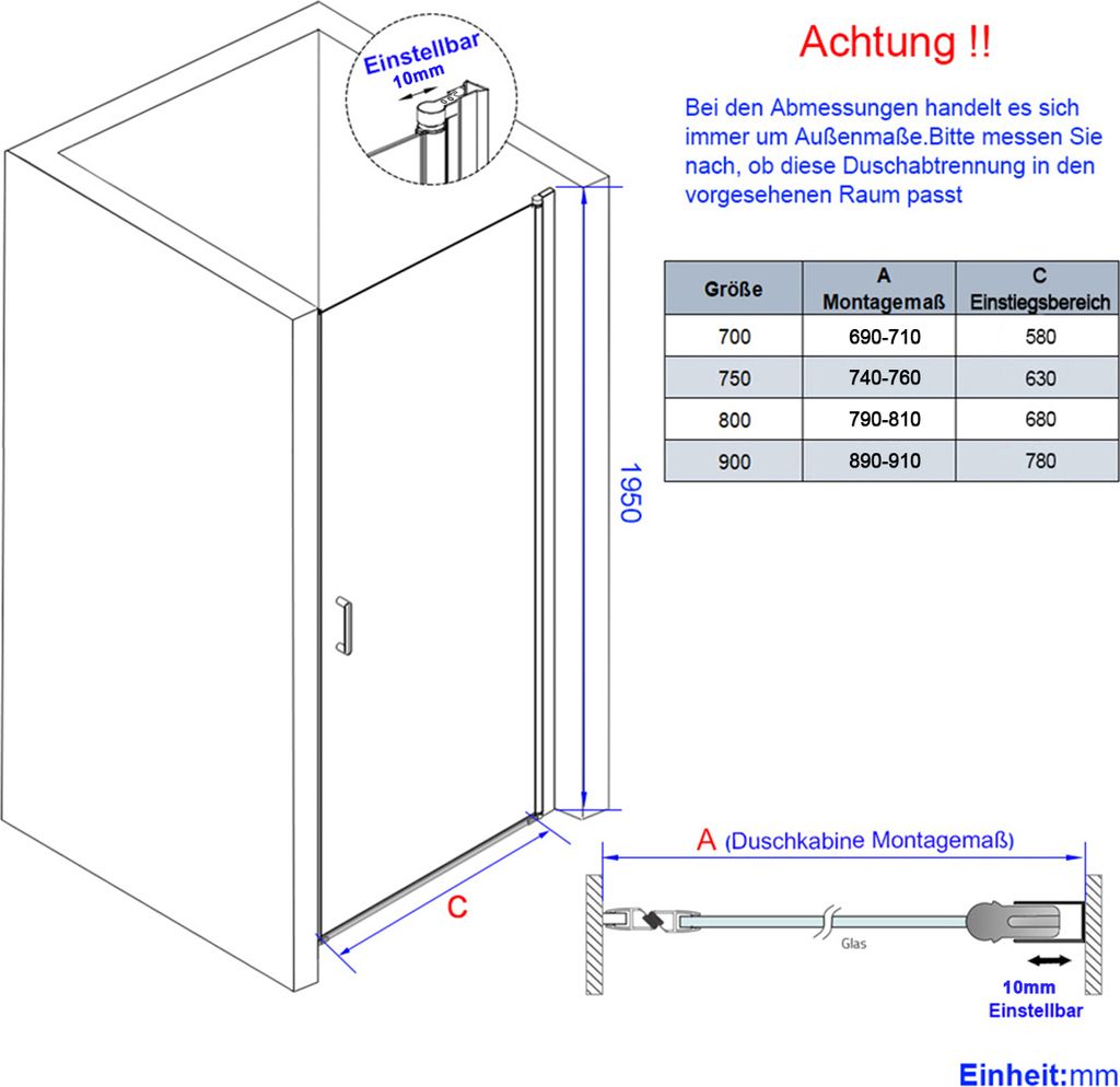 EMKE Duschtür 80 x 195 cm Pendeltür Nischentür Dusche Produktbild 8