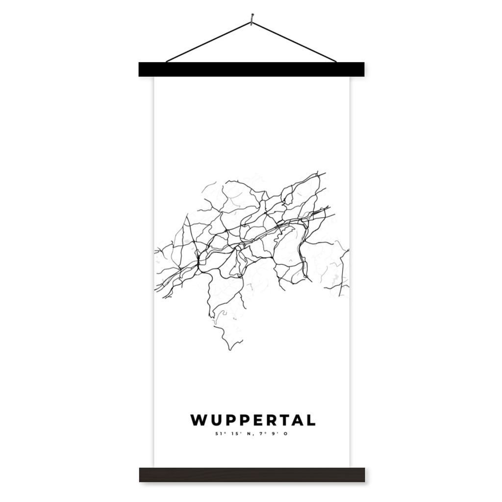 MuchoWow Textilposter Deutschland - Wuppertal - Stadtplan - Karte - Schwarz-Weiß - Karte 60x120 cm mit schwarzem Rahmen - Magnete