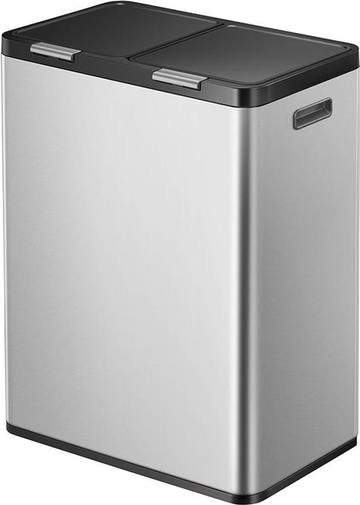 A stainless steel recycling bin with two compartments.