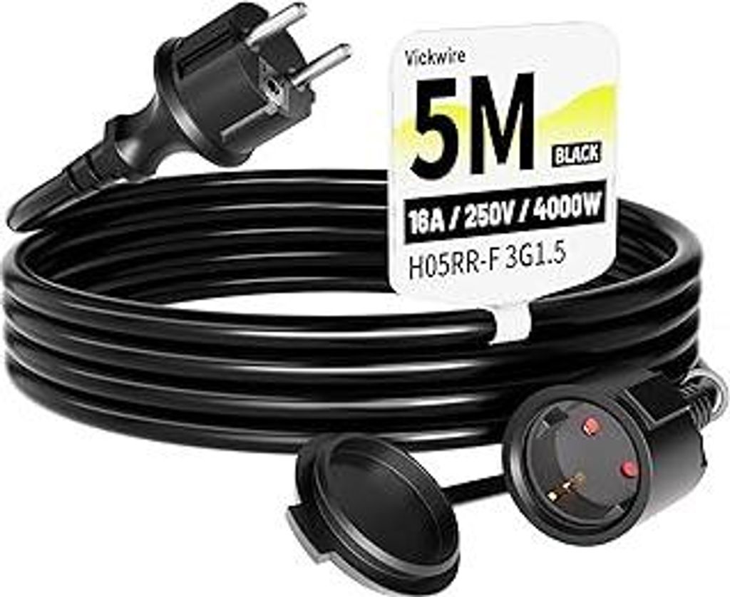 Gummi Verlängerungskabel 5m außen Kabel Kabelverlängerungen mit Schutzkontakt Stecker Schuko Verlängerung 16A/250V, Schwarz, H05RR-F 3G1,5 mm²