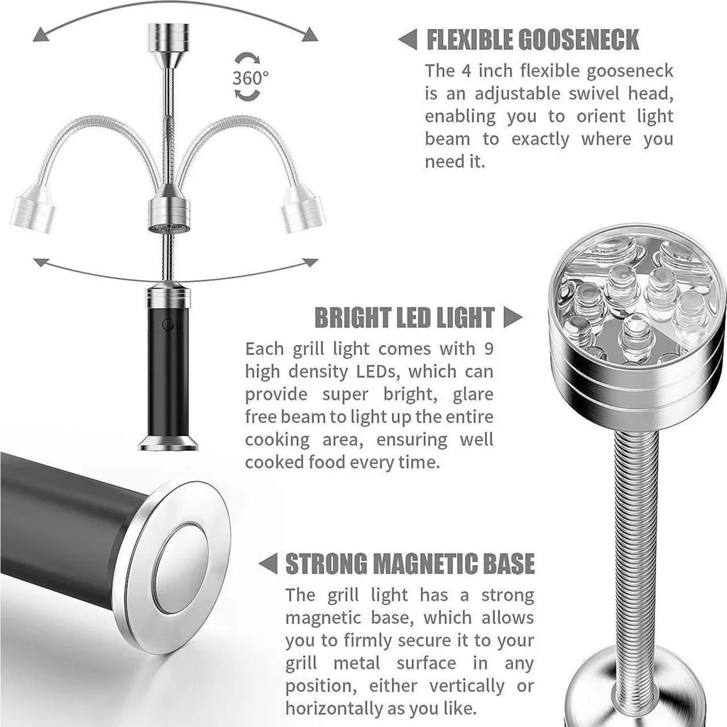Set de 2 Lampes de Barbecue Magnétiques Noires avec Éclairage LED à 360°