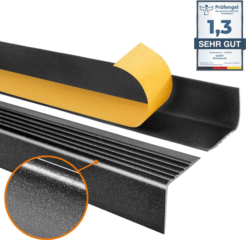 Treppenkantenprofil Selbstklebend 50x42 mm, Antirutsch Treppenprofil PVC für Treppenstufen RGP, schwarz-silber, 130 cm | QUEST