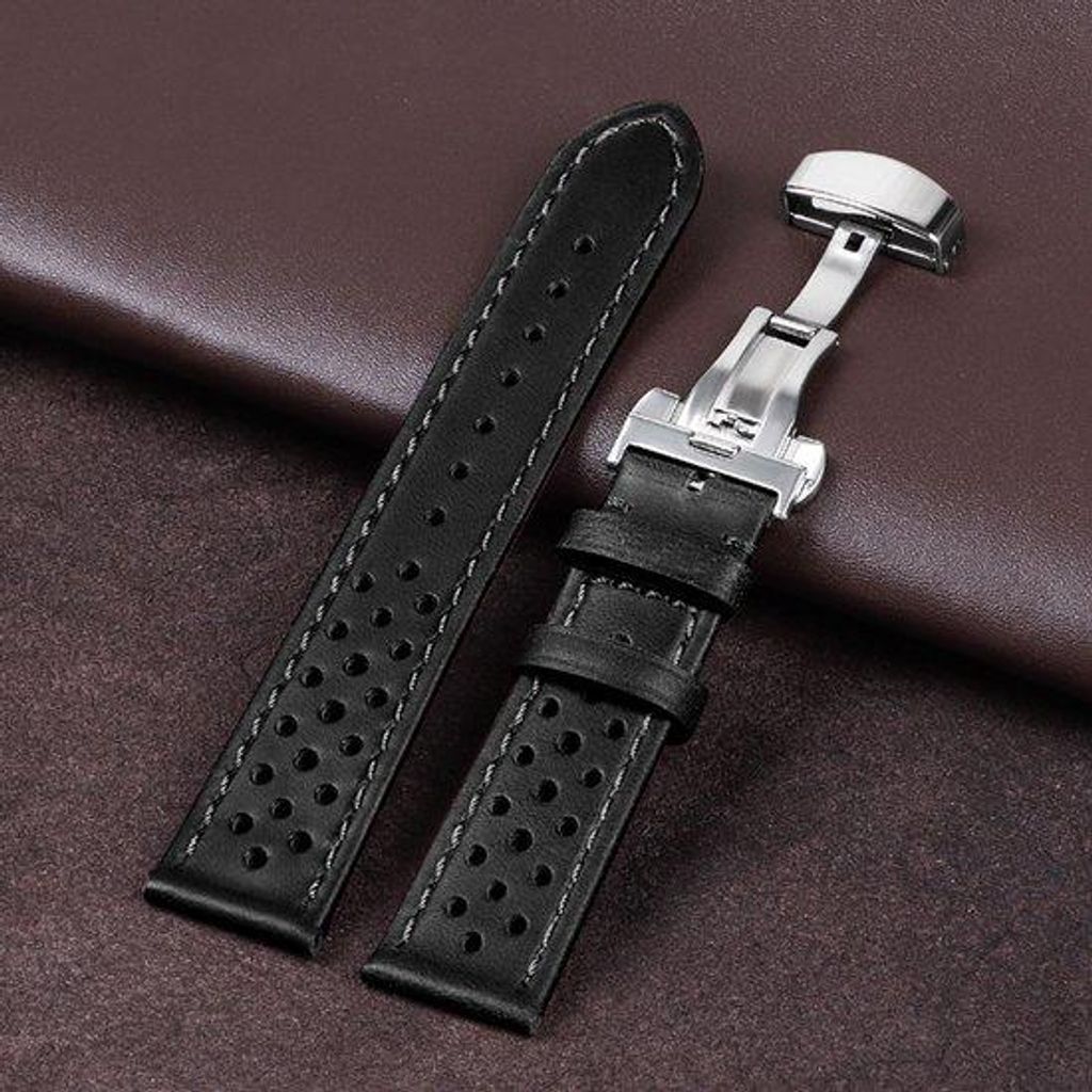 22 mm Ledergürtel mit Faltschließe aus echtem Rundleer und 22 mm universalem Ledergürtel - schwarz (geöltes Leder)
