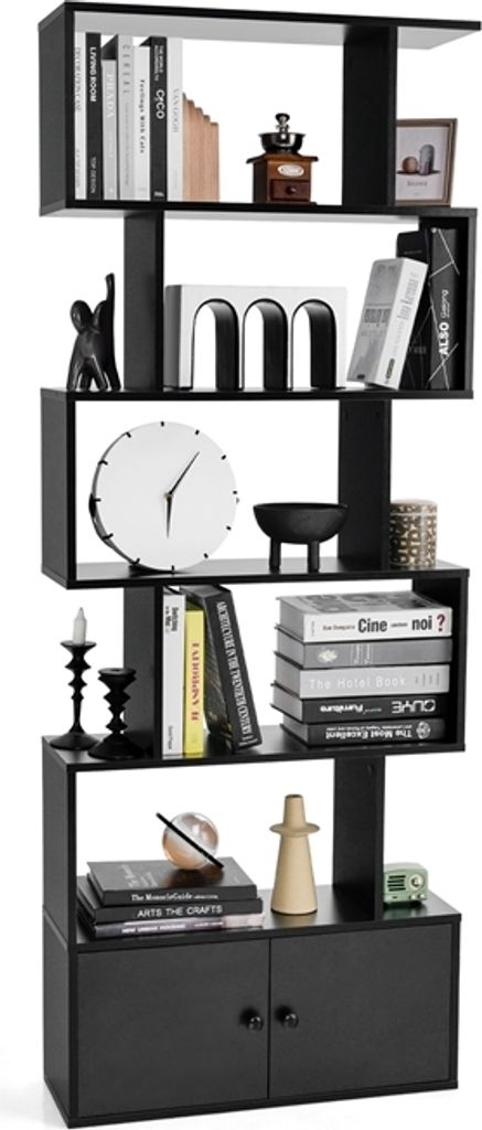 Bücherregal 5 Ebenen mit Schrank, Standregal freistehend aus Holz, Raumteiler Aktenregal mit Kippschutz, Aufbewahrungregal 70x23x183 cm, Holzregal...