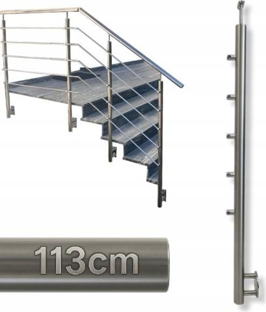 Geländerpfosten - Edelstahl - 113 x 4,24 cm - Rechts - 5 Griffe - Winkelverstellung - Nach Innen und Außen - Treppengeländer - Seitliche Befesti...