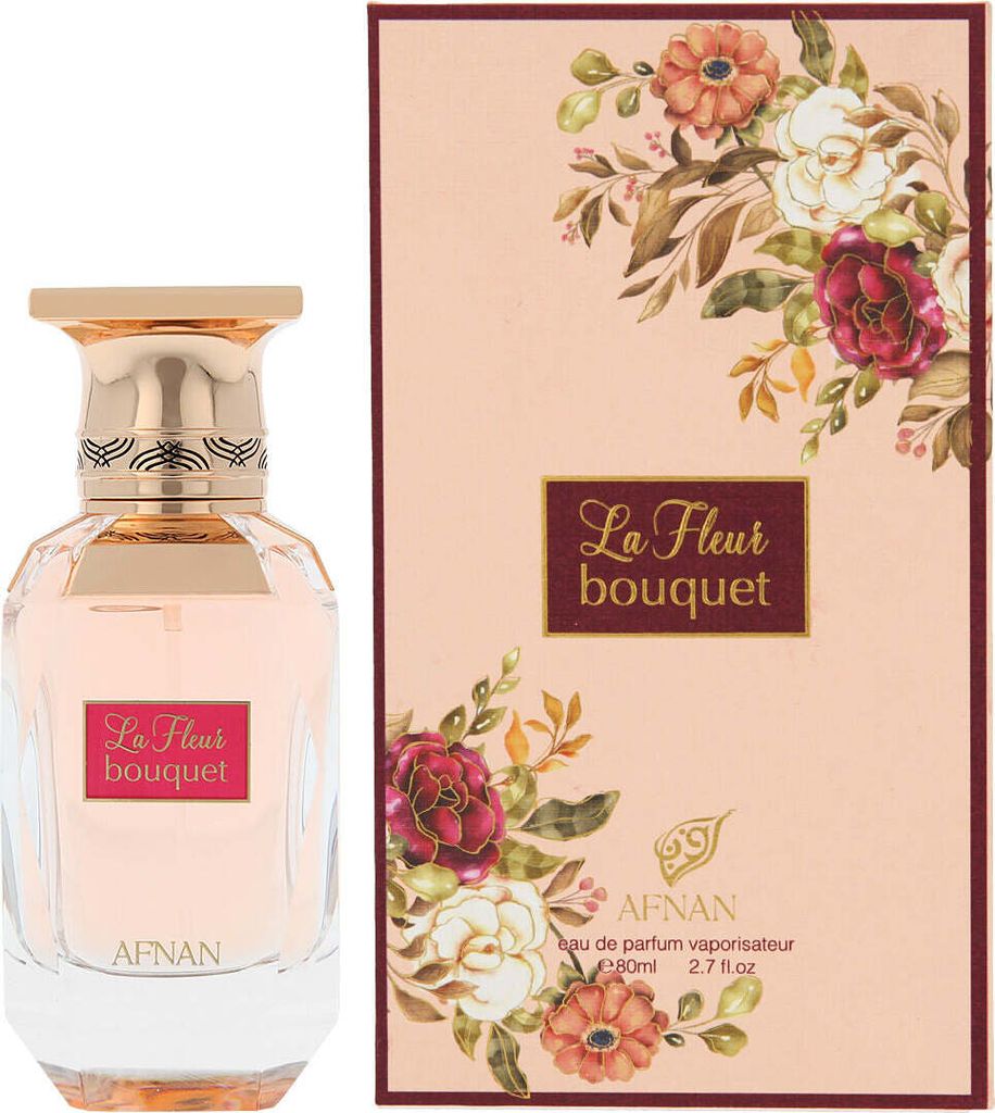 A perfume bottle and its packaging are displayed side-by-side against a white background.