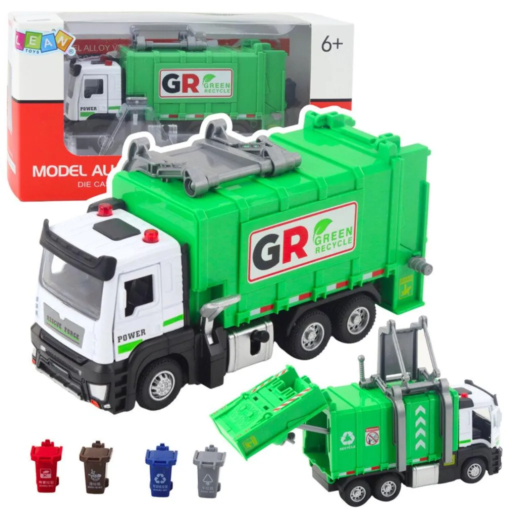 Camion poubelle interactif à friction vert avec sons et 4 accessoires