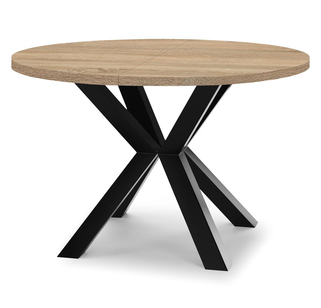 Runder Ausziehbarer Tisch für Esszimmer RAL mit Holzbeinen, Loft-Stil, Industriel, Durchmesser: 100 / 150 cm, Farbe: Eiche Sonoma / Schwarz