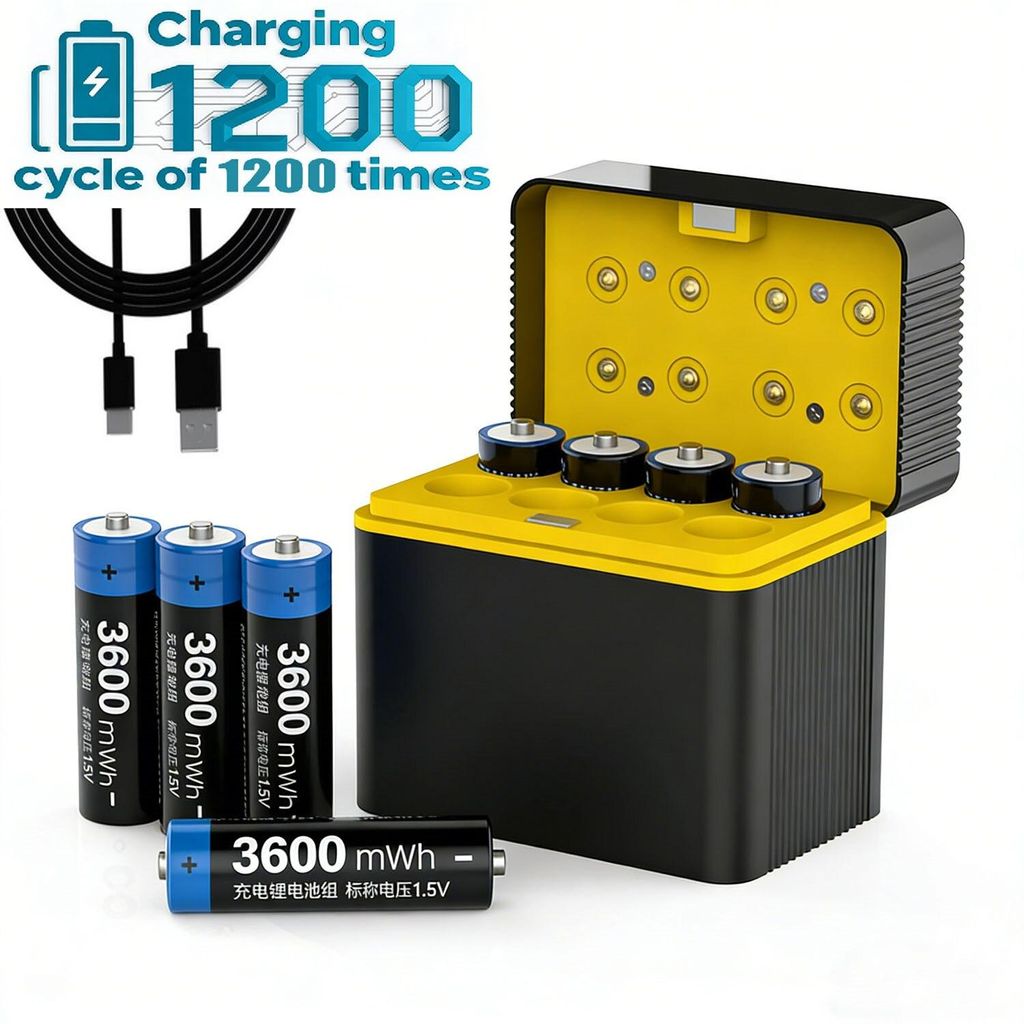 Wiederaufladbare AA Lithium Akku, 8 Stuecken 1.5V Lithium AA Batterien mit Ladegeraet, ueber 1200 Zyklen und 3600mWh Hohe Reale Kapazitaet Wiederau...