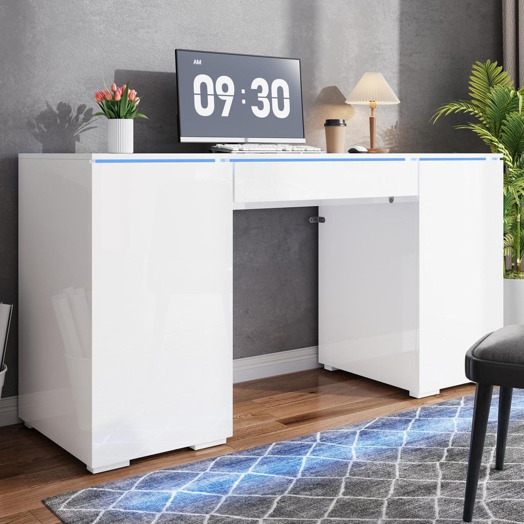 STILVORA Schreibtisch Hochglanz mit LED-Beleuchtung und 1 Schublade, Computertisch mit 2 Türen, Schminktisch mit Stauraum Weiß-Hochglanz