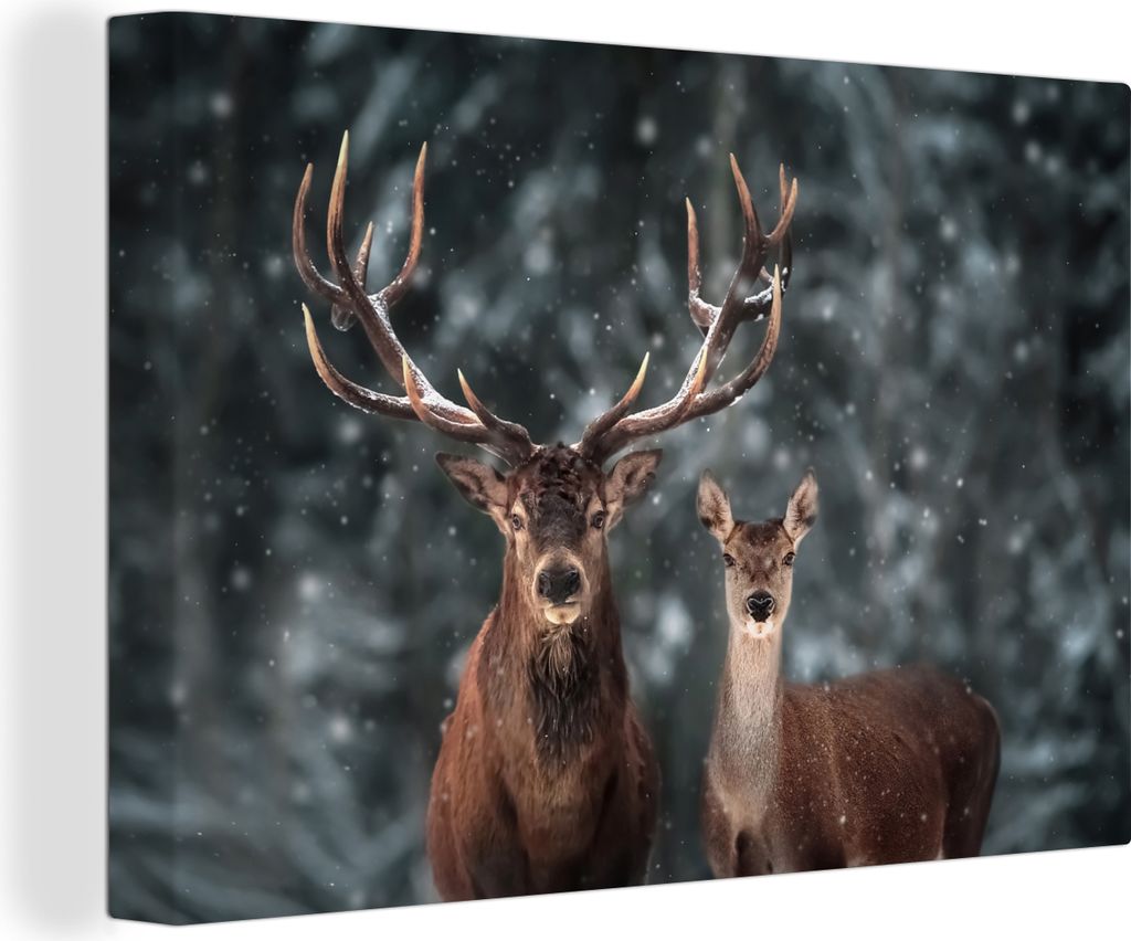 OneMillionCanvasses - Leinwandbilder - 140x90 cm, Hirsche - Tiere - Winter - Geweih - Schnee - Natur, Wandbilder Kunstdruck Wanddekoration - Foto...