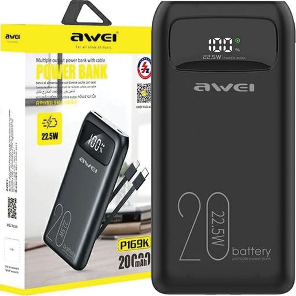 Awei Powerbank P169K 20000Mah 22,5W Čierny/Čierny Displej + Obrázok produktu 