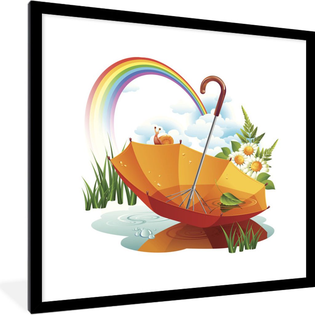 MuchoWow Gerahmtes Poster Eine Illustration eines orangefarbenen Regenschirms unter einem Regenbogen 40x40 cm - Poster mit Schwarzem Bilderrahmen...