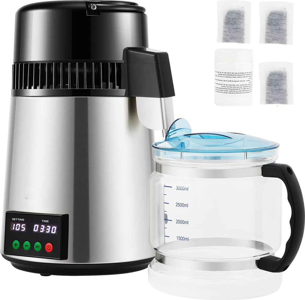 SucceBuy 4-Liter-Wasserdestilliergerät, 1 l/h destilliertes Wassergerät mit Zeit- und Temperaturanzeige, effizientes Gerät zur Erzeugung von rei...