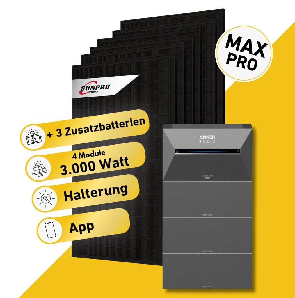 Balkonstrom Balkonkraftwerk 3000W mit Speicher | 3xZusatzspeicher | Bitumendachhalterung | 2xSolarmodul Bifazial | Anker Solix 3 Pro |Kabel 3m