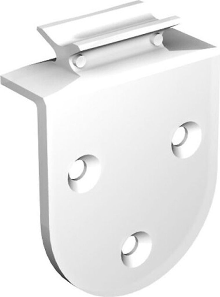 A white plastic bracket with a rail attachment and three screw holes.