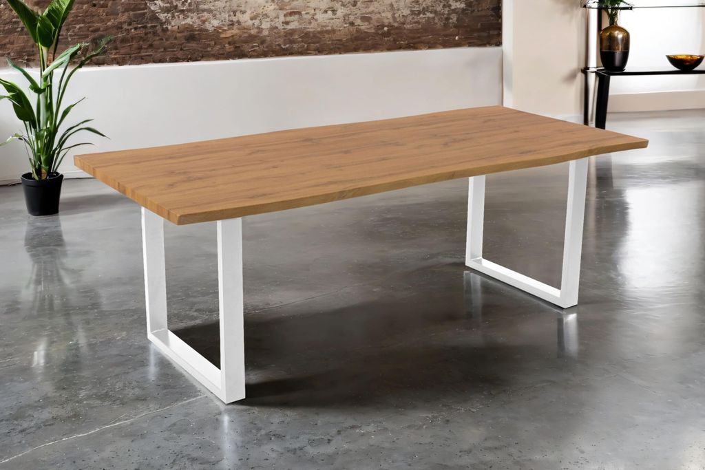 Esstisch Josy | 220 x 100 cm | Holz Wildeiche-Optik | U-Gestell Metall Weiß | 40 mm Tischplatte mit Baumkante | Tisch für Esszimmer & Küche