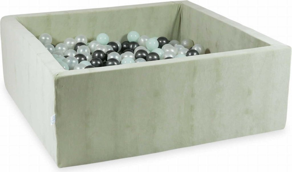 Bällebad 110x110x40 Samtig weich Hellmint – Mit 600 Bällen / Perlmutt, Hellmint, Metallic-Graphit