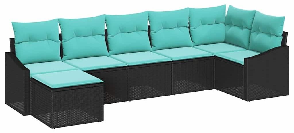 Sofa Set mit Kissen 7 pcs Schwarz Poly-Rattan