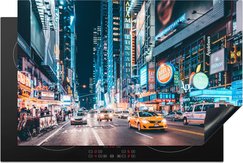 KitchenYeah Herdabdeckplatte New York - Taxi - Times Square , 80x52cm, Küche Deko, Glaskeramikfeld Herdabdeckung, Abdeckplatte fùr Kochfeld