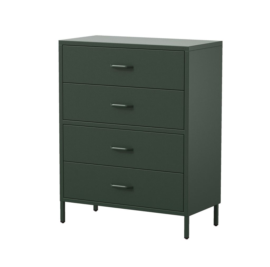 A dark green chest of drawers with four drawers is shown against a white background.