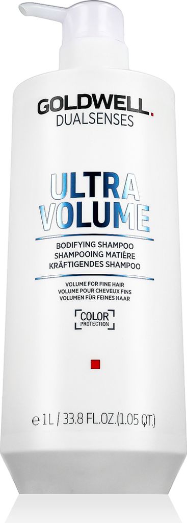 A white bottle of Goldwell Dualsenses Ultra Volume Bodifying Shampoo with text and branding.